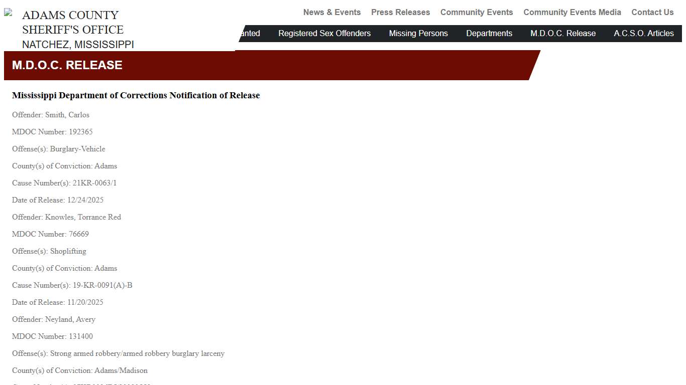 M.D.O.C. Release – Adams County Sheriff's Office